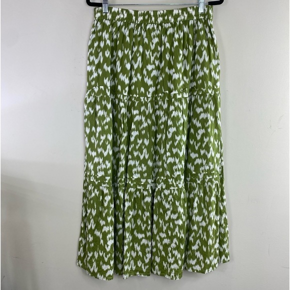 Antthony HSN Green White Ikat Print‎ 100% Cotton Tiered Skirt w/Pockets Sz L - Picture 6 of 13